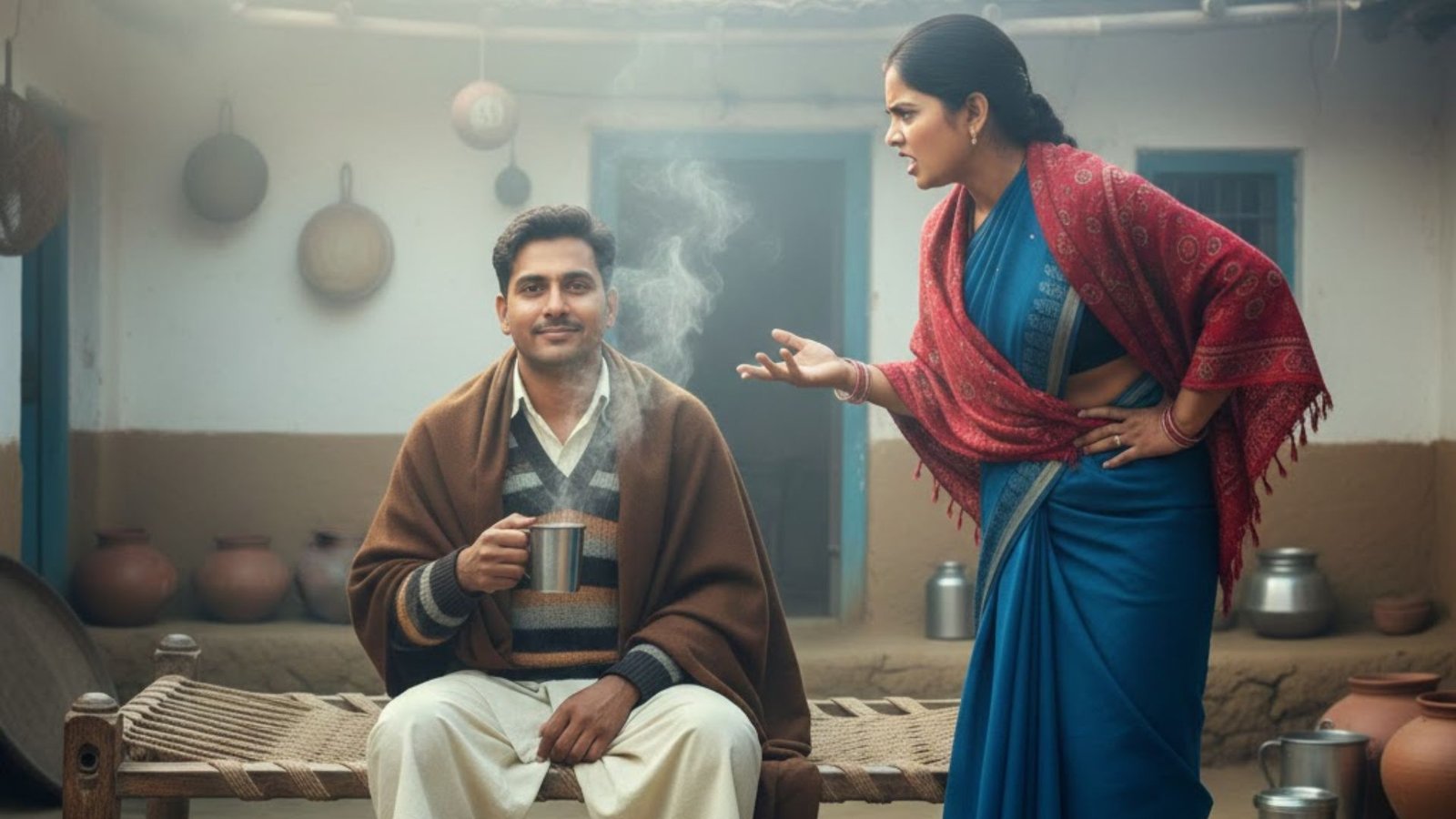 A Dry Winter Comedy Scene from an Indian Village Household